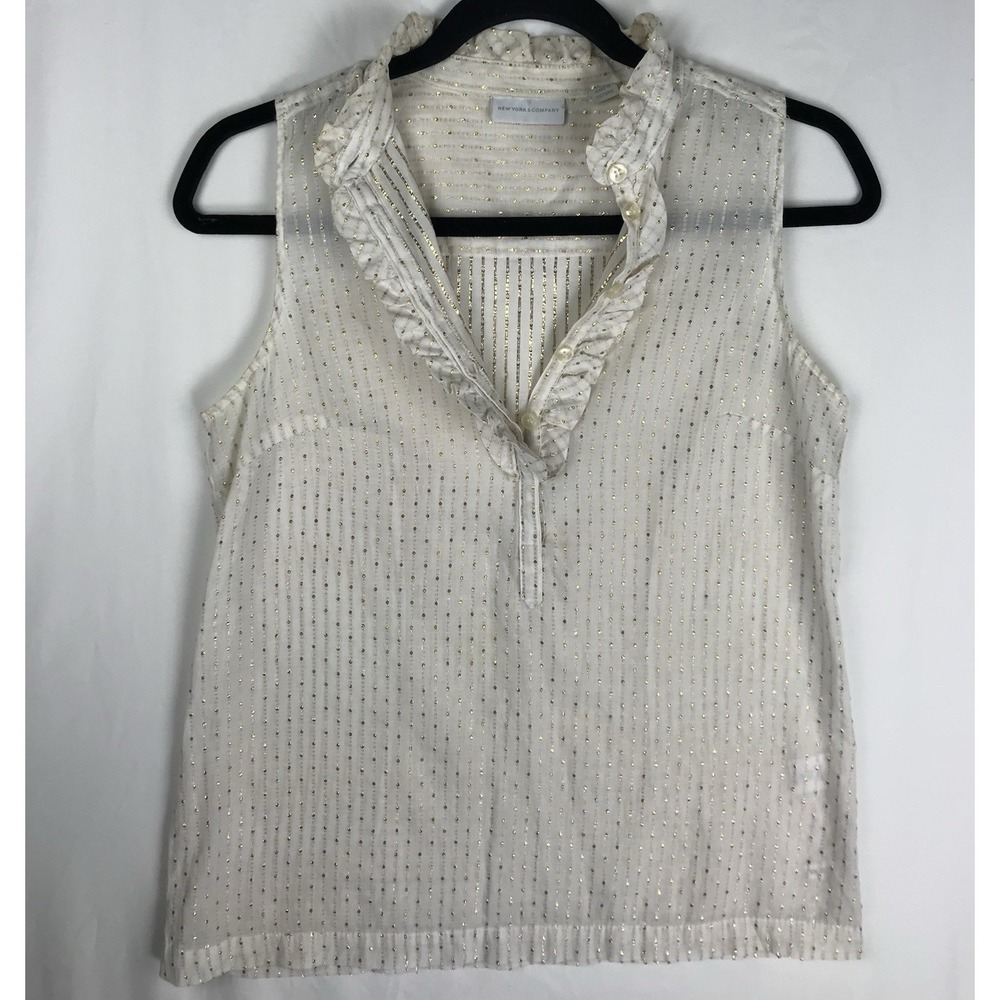 New York & Company XS White/Gold Striped Ruffle Mock Neck Sleeveless Blouse